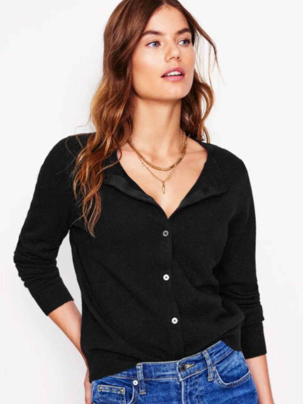 Boden Eva 100% Cashmere Crew Cardigan in Black | Size Large